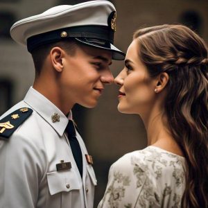a young man in a navy uniform and a woman with long brown hair facing each other inpixio
